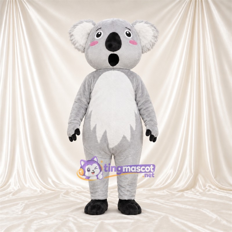 Gray Koala Mascot Costume - Leaf-Shaped White Belly and Open Mouth Gray Koala Mascot Costume - Leaf-Shaped White Belly and Open Mouth