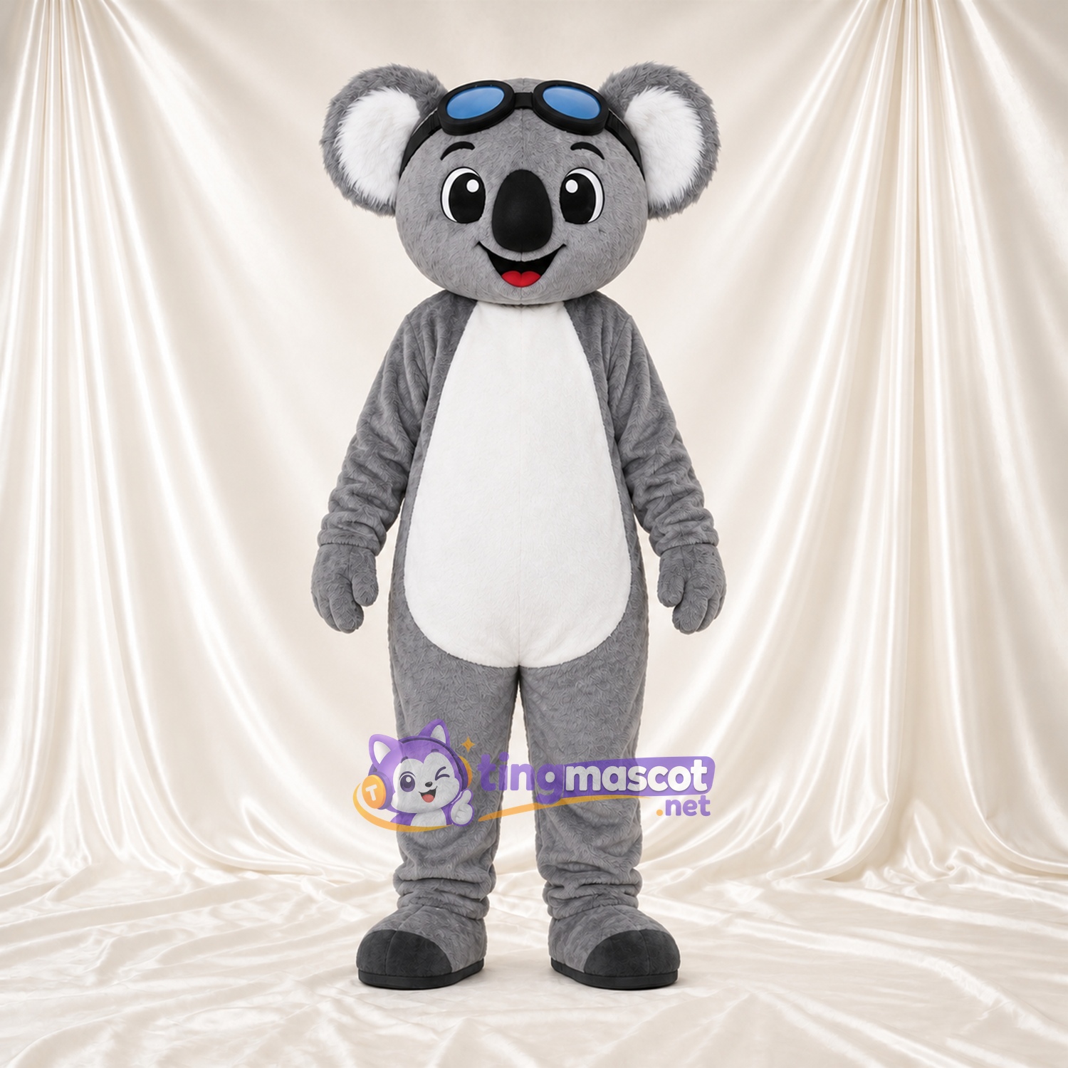 Costume de mascotte Koala – gris – Lunettes de protection (bleu); Ventre (blanc) Costume de mascotte Koala – gris – Lunettes de protection (bleu); Ventre (blanc)
