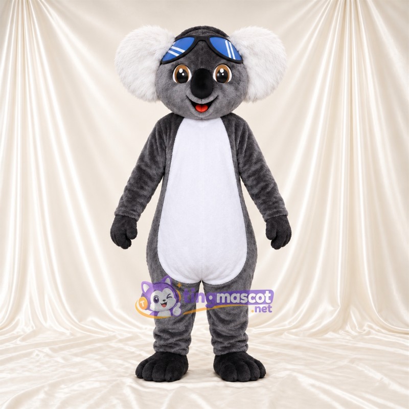 Costume de mascotte Koala – gris – Lunettes de protection (bleu); Ventre (blanc) Costume de mascotte Koala – gris – Lunettes de protection (bleu); Ventre (blanc)