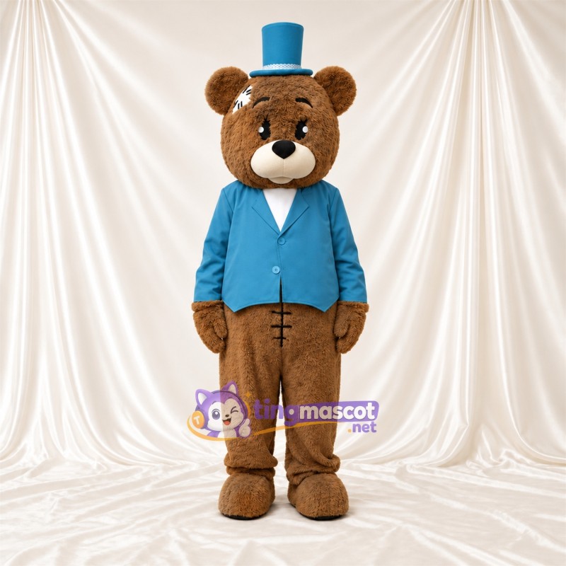 Maskottchenkostüm Bär – braun – Jacke (blau); Zylinder Maskottchenkostüm Bär – braun – Jacke (blau); Zylinder
