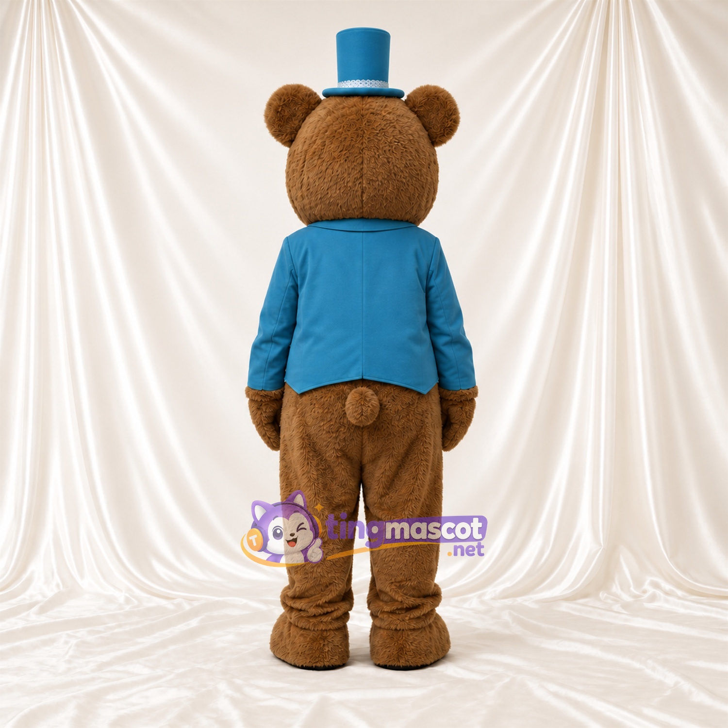 Maskottchenkostüm Bär – braun – Jacke (blau); Zylinder Maskottchenkostüm Bär – braun – Jacke (blau); Zylinder