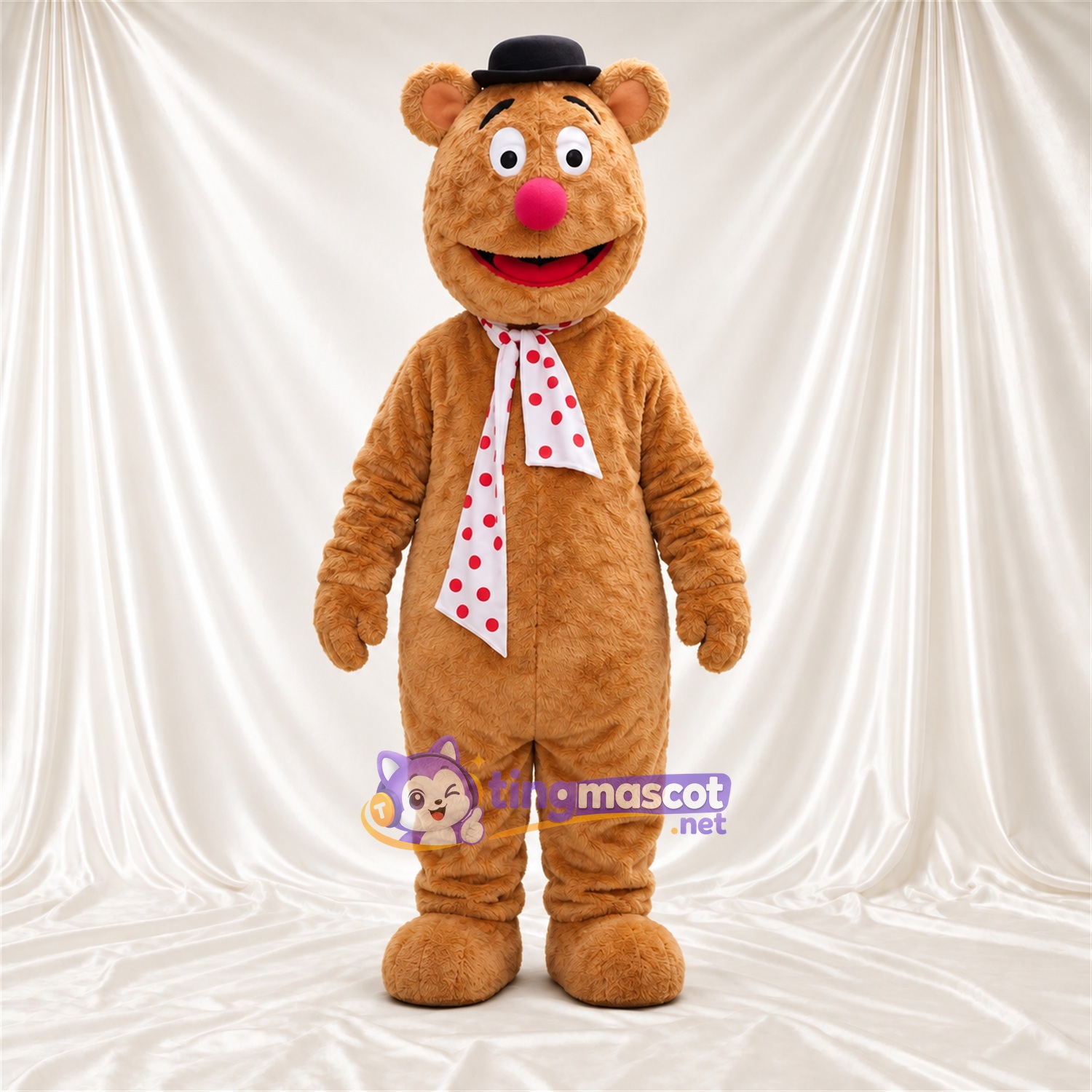 Maskottchenkostüm Bär – hellbraun – Hut (schwarz); Schal Maskottchenkostüm Bär – hellbraun – Hut (schwarz); Schal