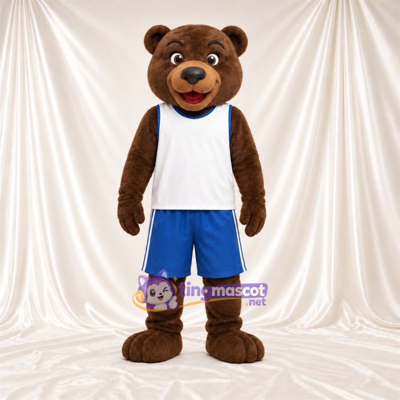 Maskottchenkostüm Bär – braun – Tanktop (weiß); Shorts (blau) Maskottchenkostüm Bär – braun – Tanktop (weiß); Shorts (blau)