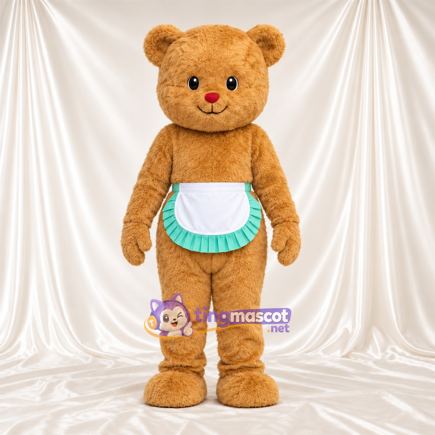 Costume de mascotte Ours – brun clair – Tablier (blanc / vert); Oreilles Costume de mascotte Ours – brun clair – Tablier (blanc / vert); Oreilles