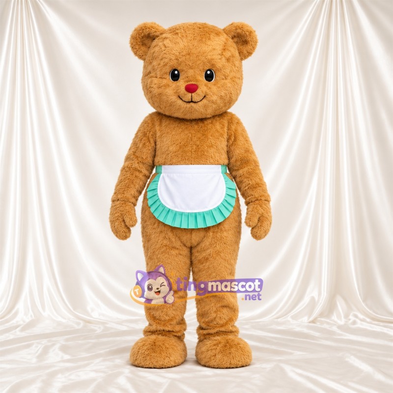 Costume de mascotte Ours – brun clair – Tablier (blanc / vert); Oreilles