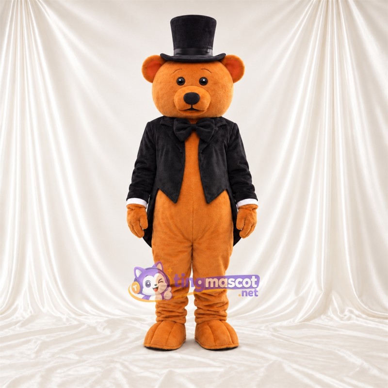 Maskottchenkostüm Bär – orange – Jacke (schwarz); Zylinder Maskottchenkostüm Bär – orange – Jacke (schwarz); Zylinder