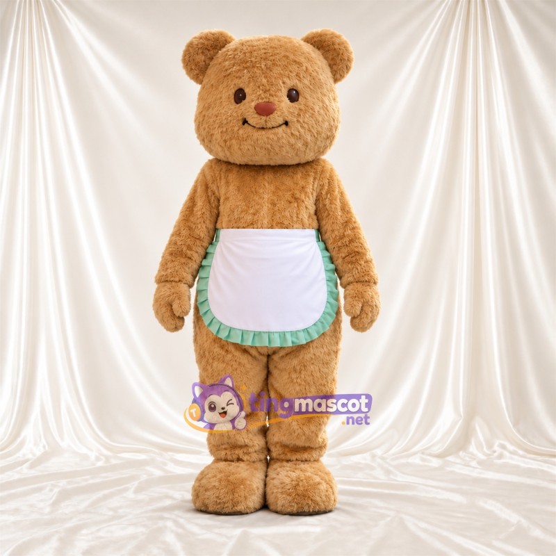 Maskottchenkostüm Bär – hellbraun – Schürze (weiß / grün); Ohren Maskottchenkostüm Bär – hellbraun – Schürze (weiß / grün); Ohren