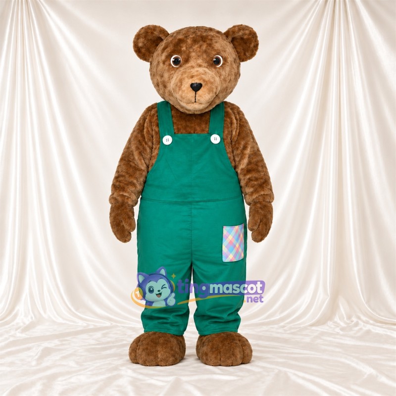 Maskottchenkostüm Bär – braun – Latzhose (grün) Maskottchenkostüm Bär – braun – Latzhose (grün)