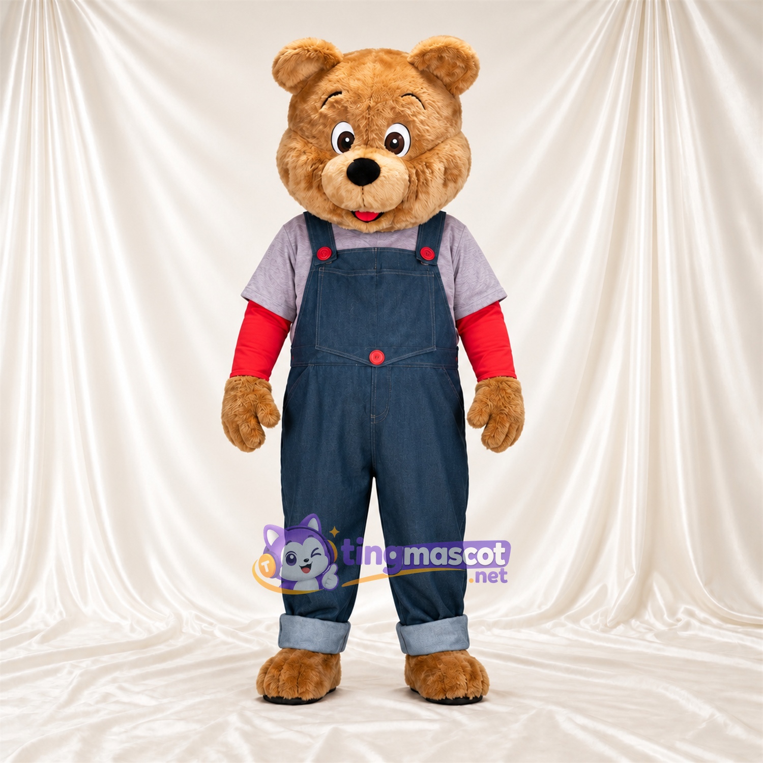 Maskottchenkostüm Bär – braun – Latzhose (blau) Maskottchenkostüm Bär – braun – Latzhose (blau)