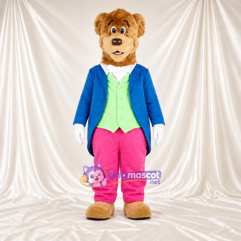 Maskottchenkostüm Bär – braun – Jacke (blau); Hose (rosa) Maskottchenkostüm Bär – braun – Jacke (blau); Hose (rosa)