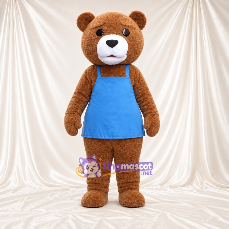 Maskottchenkostüm Bär – braun – Schürze (blau) Maskottchenkostüm Bär – braun – Schürze (blau)