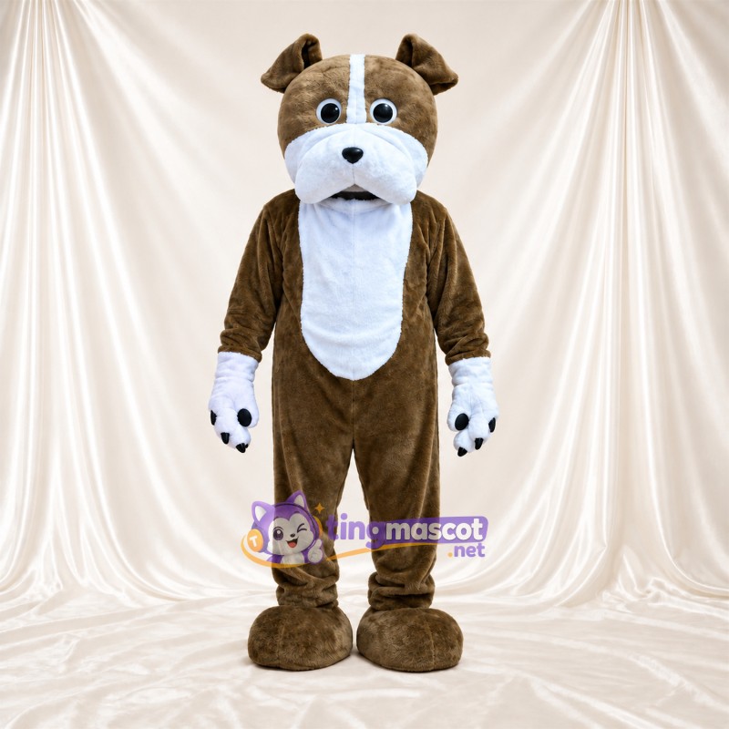 Costume de mascotte Bouledogue – marron / blanc – Coussinets (noir); Liste sur le visage (blanc) Costume de mascotte Bouledogue – marron / blanc – Coussinets (noir); Liste sur le visage (blanc)