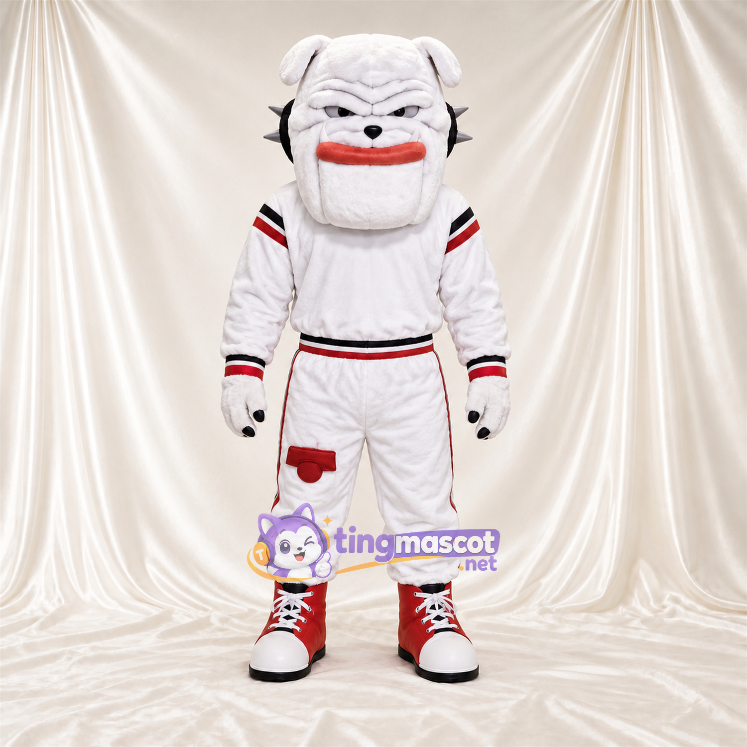 Costume de mascotte Bouledogue – blanc – Tenue (blanc / rouge) Costume de mascotte Bouledogue – blanc – Tenue (blanc / rouge)