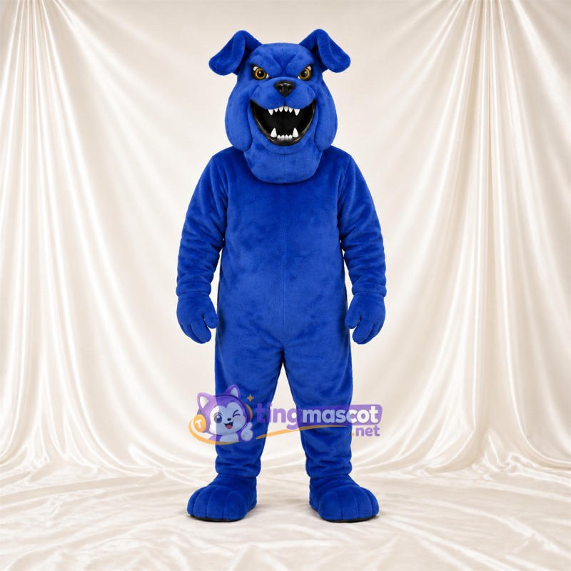 Blue Bulldog Mascot Costume - Angled Eyebrows and Pointed Fangs Blue Bulldog Mascot Costume - Angled Eyebrows and Pointed Fangs