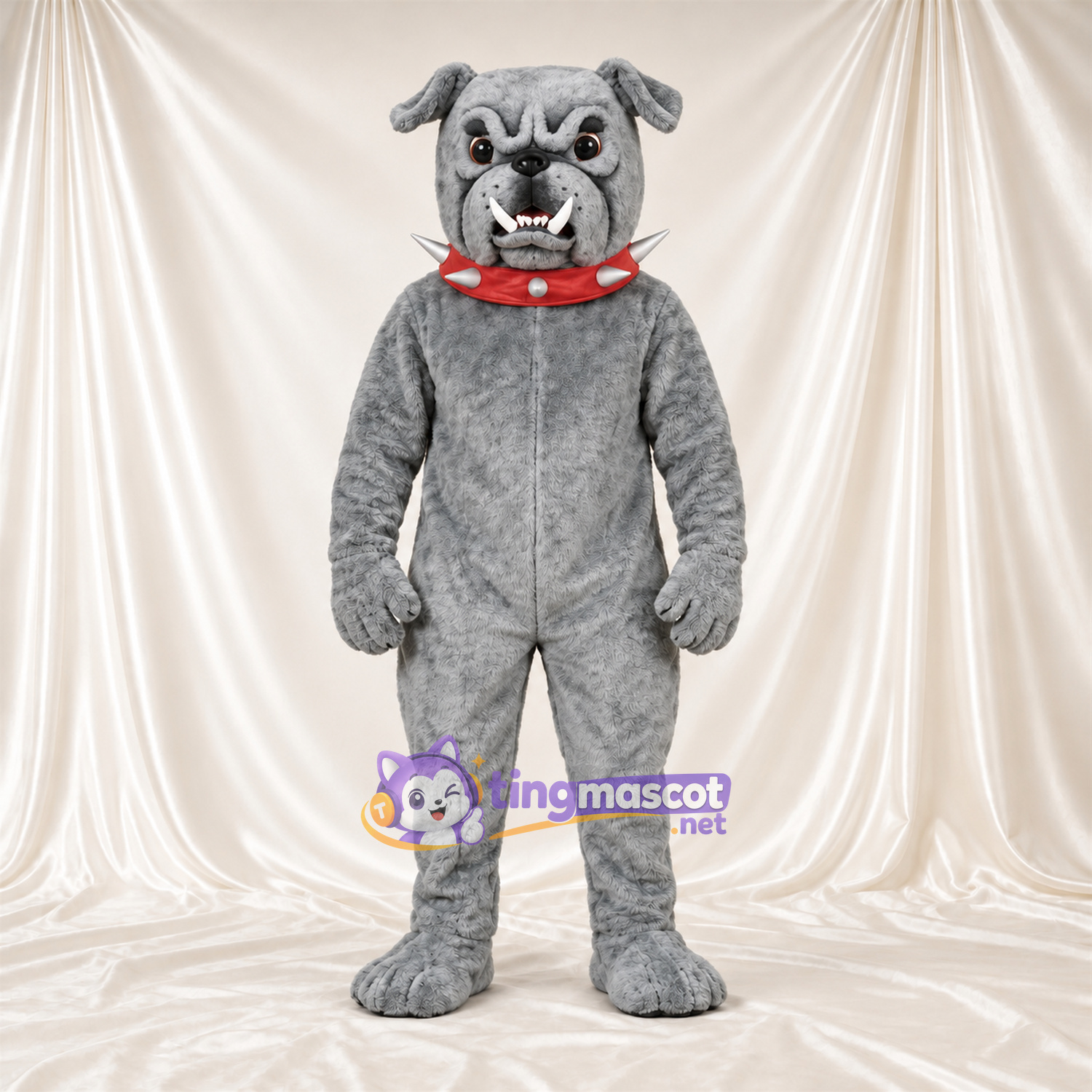 Costume de mascotte Bouledogue – gris – Collier à pointes (rouge) Costume de mascotte Bouledogue – gris – Collier à pointes (rouge)