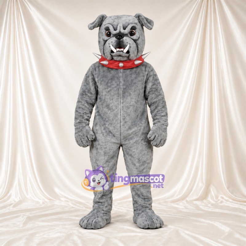 Costume de mascotte Bouledogue – gris – Collier à pointes (rouge) Costume de mascotte Bouledogue – gris – Collier à pointes (rouge)