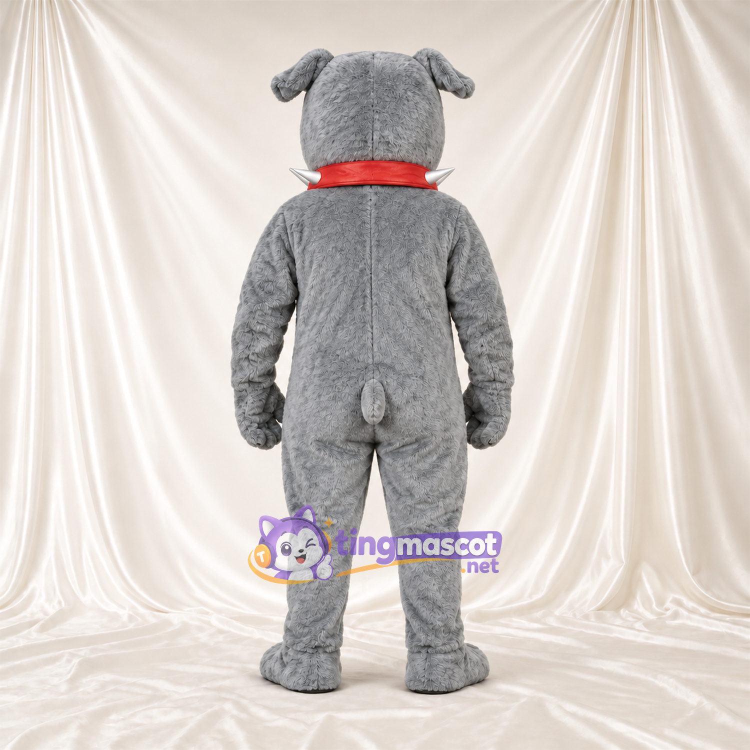 Costume de mascotte Bouledogue – gris – Collier à pointes (rouge) Costume de mascotte Bouledogue – gris – Collier à pointes (rouge)