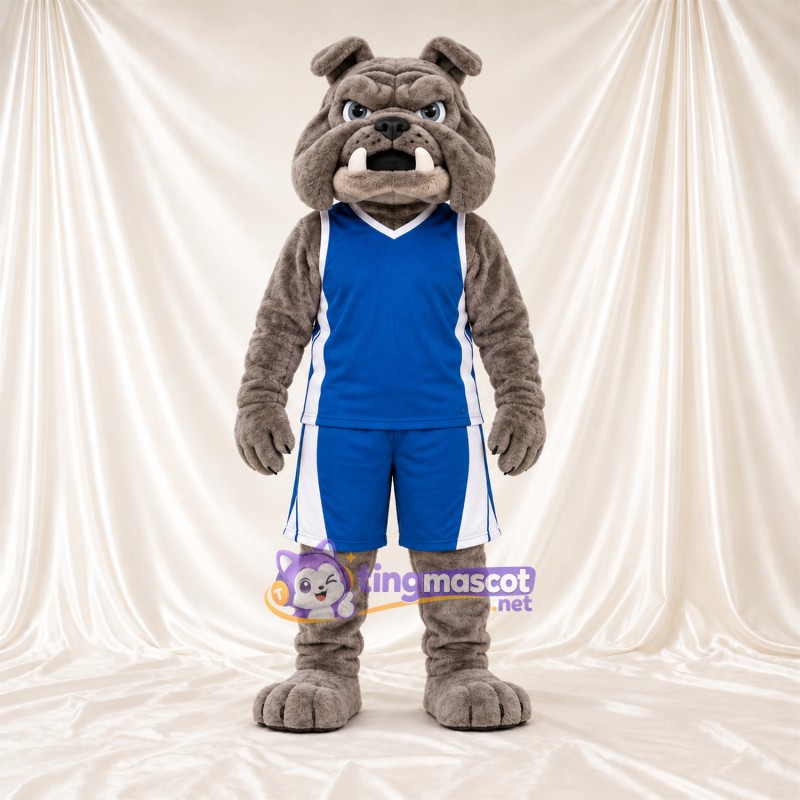 Maskottchenkostüm Bulldogge – grau – Basketballtrikot (blau) Maskottchenkostüm Bulldogge – grau – Basketballtrikot (blau)