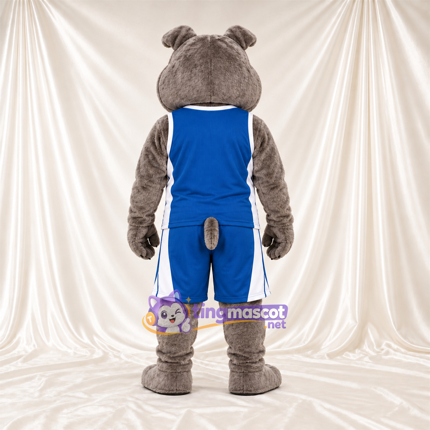 Maskottchenkostüm Bulldogge – grau – Basketballtrikot (blau) Maskottchenkostüm Bulldogge – grau – Basketballtrikot (blau)