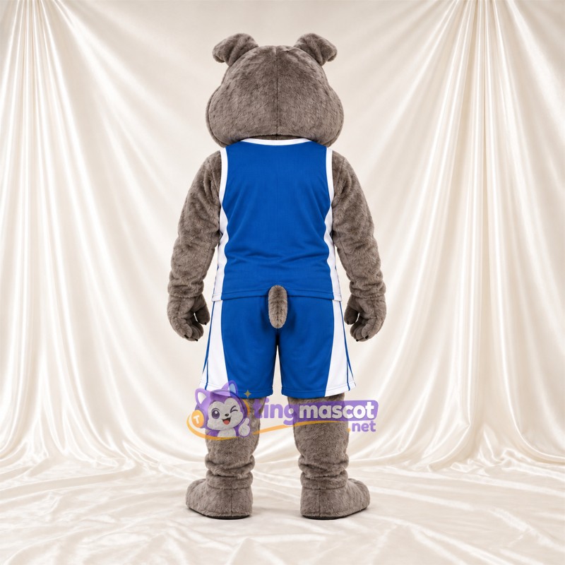 Maskottchenkostüm Bulldogge – grau – Basketballtrikot (blau) Maskottchenkostüm Bulldogge – grau – Basketballtrikot (blau)
