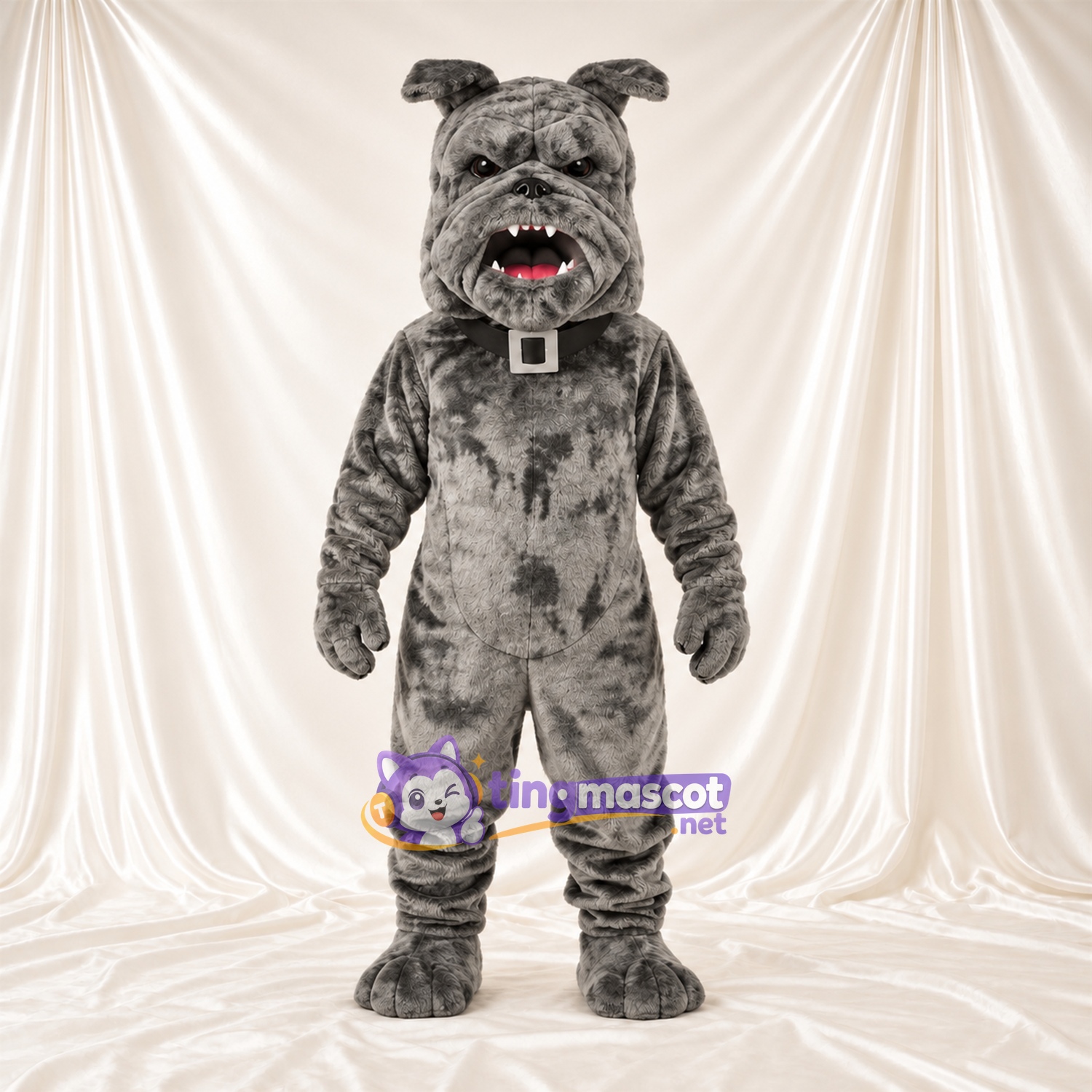 Gray Bulldog Mascot Costume - Pointed Fangs and Studded Collar Gray Bulldog Mascot Costume - Pointed Fangs and Studded Collar