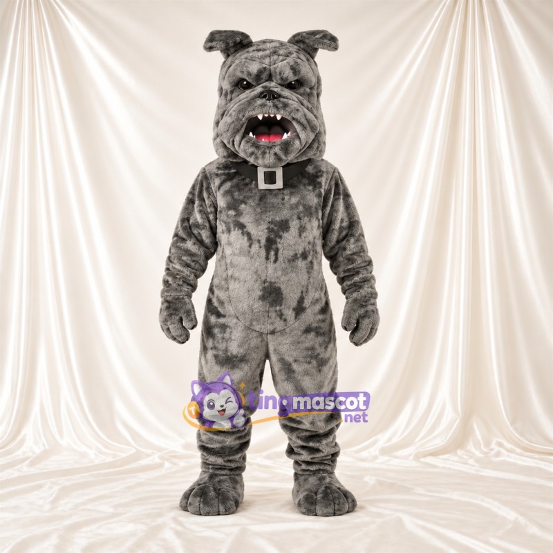Gray Bulldog Mascot Costume - Pointed Fangs and Studded Collar Gray Bulldog Mascot Costume - Pointed Fangs and Studded Collar