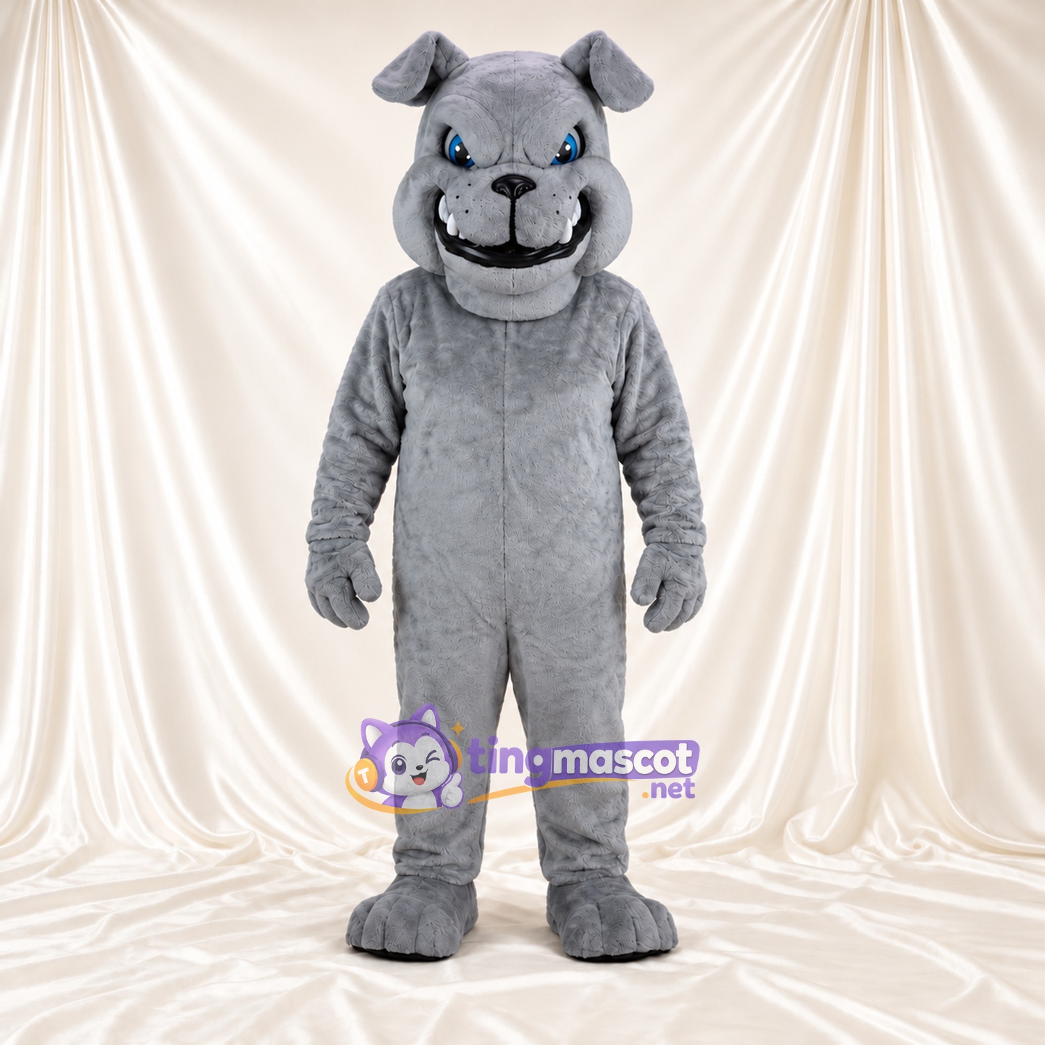 Costume de mascotte Bouledogue – gris – Yeux (bleu); Sourire avec dents Costume de mascotte Bouledogue – gris – Yeux (bleu); Sourire avec dents