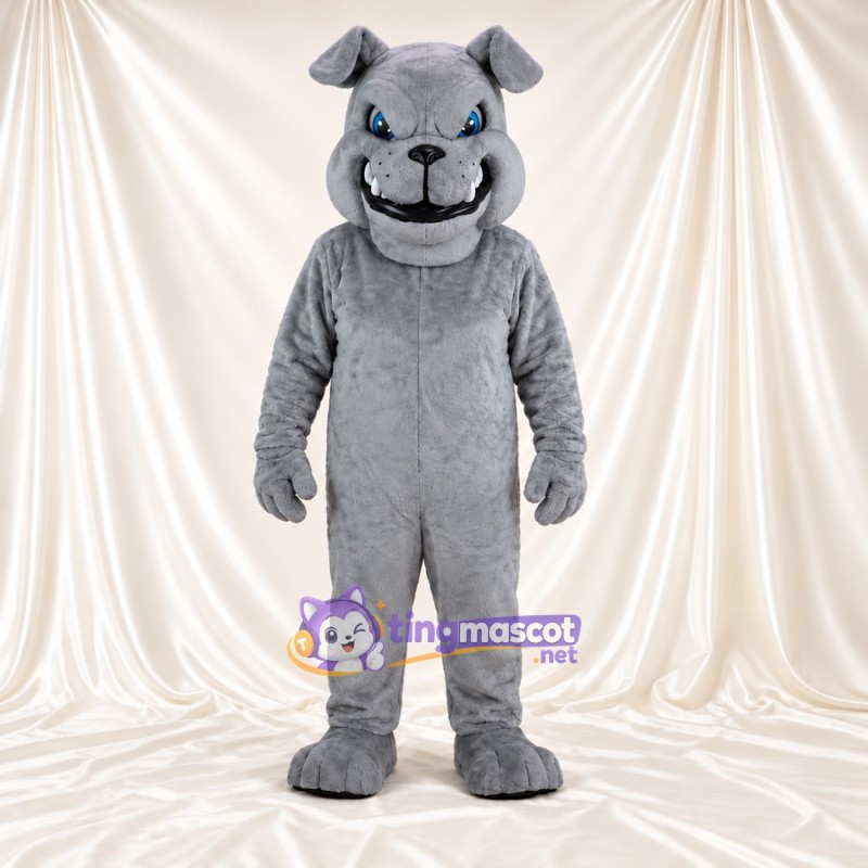 Costume de mascotte Bouledogue – gris – Yeux (bleu); Sourire avec dents Costume de mascotte Bouledogue – gris – Yeux (bleu); Sourire avec dents