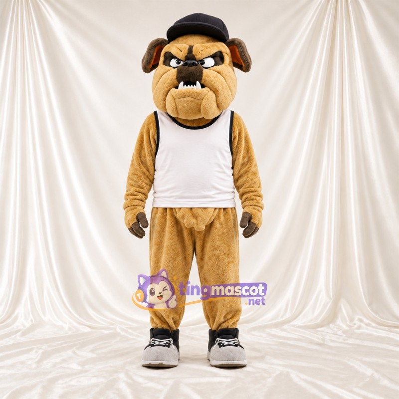 Maskottchenkostüm Bulldogge – hellbraun – Kappe (schwarz); Tanktop (weiß) Maskottchenkostüm Bulldogge – hellbraun – Kappe (schwarz); Tanktop (weiß)