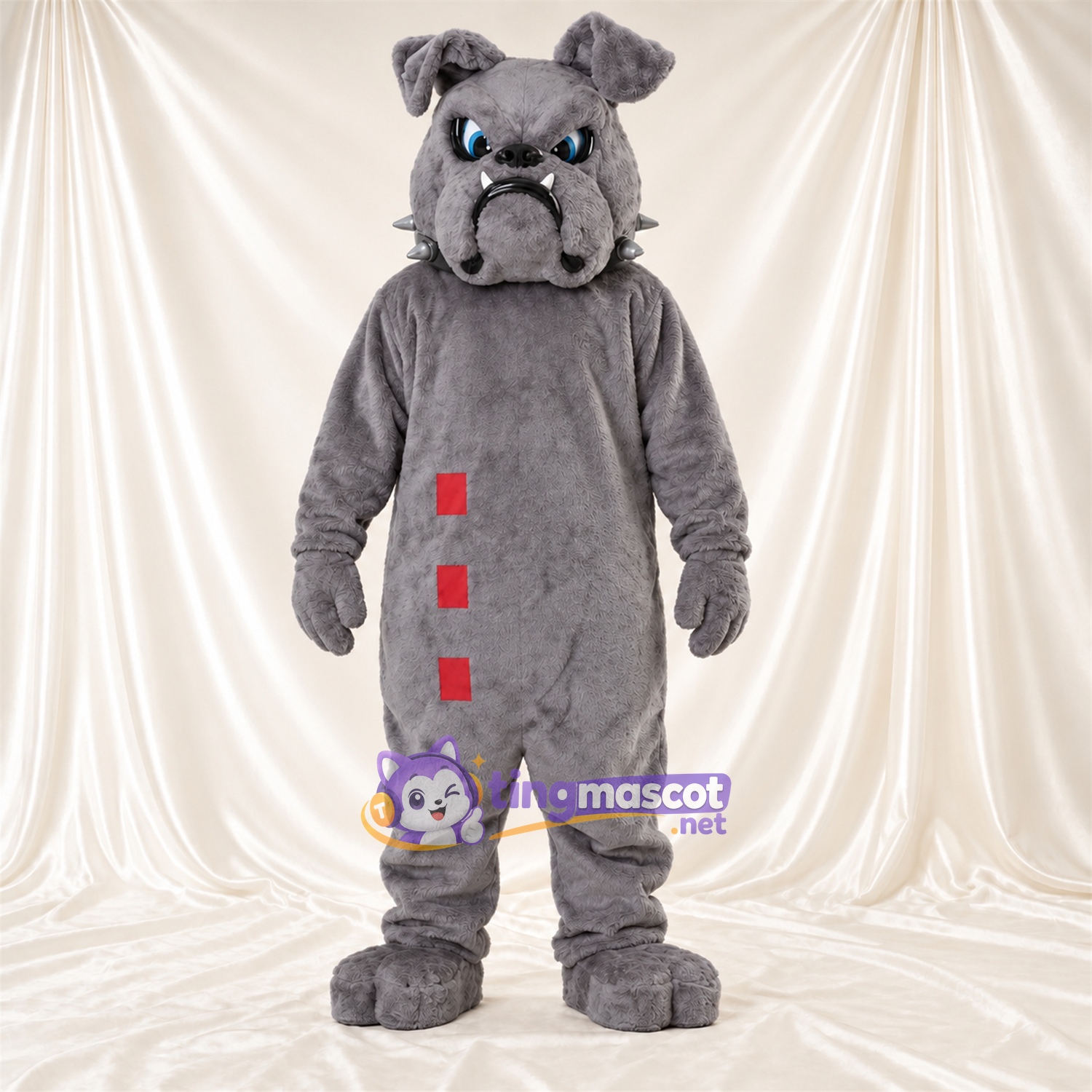 Costume de mascotte Bouledogue – gris – Yeux (bleu); Collier à pointes Costume de mascotte Bouledogue – gris – Yeux (bleu); Collier à pointes