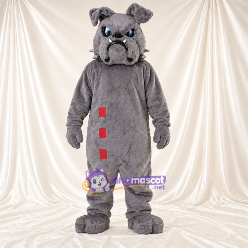 Costume de mascotte Bouledogue – gris – Yeux (bleu); Collier à pointes Costume de mascotte Bouledogue – gris – Yeux (bleu); Collier à pointes