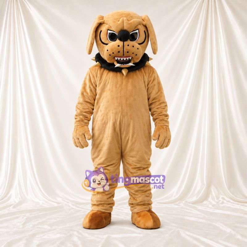 Costume de mascotte Bouledogue – brun clair – Crocs pointus; Collier à pointes Costume de mascotte Bouledogue – brun clair – Crocs pointus; Collier à pointes