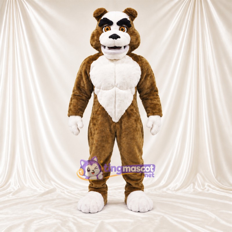 Costume de mascotte Chien – marron / blanc – Torse musclé (blanc); Pieds (blanc) Costume de mascotte Chien – marron / blanc – Torse musclé (blanc); Pieds (blanc)