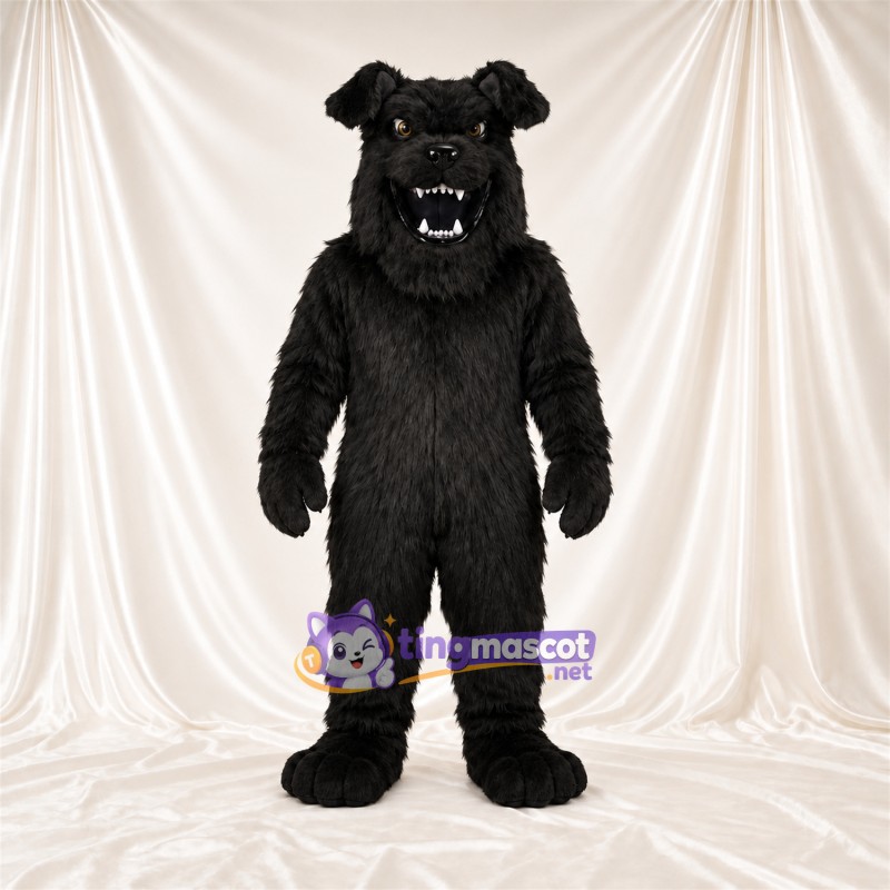 Black Bulldog Mascot Costume - Pointed Fangs and Shaggy Fur Black Bulldog Mascot Costume - Pointed Fangs and Shaggy Fur