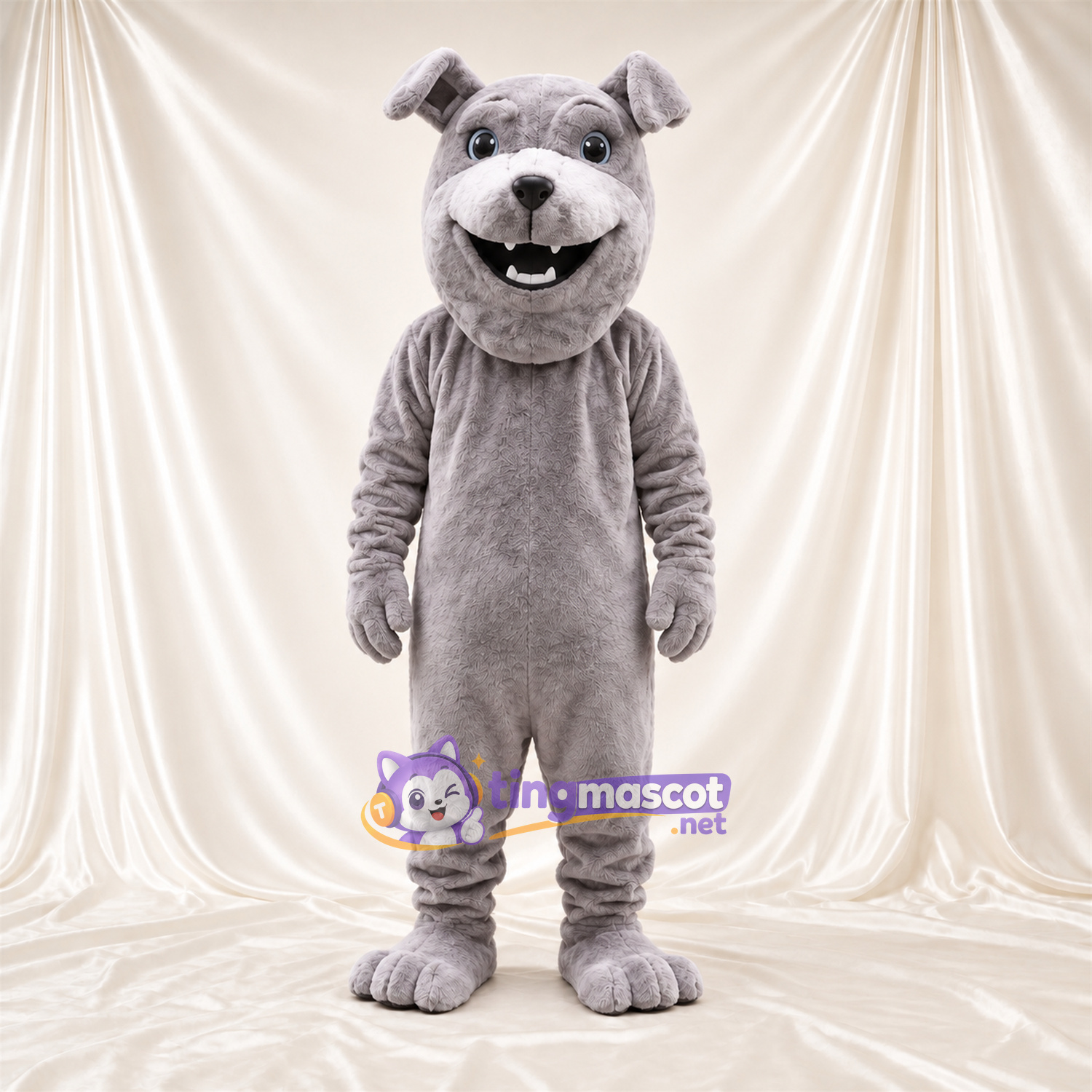 Costume de mascotte Bouledogue – gris – Museau (blanc); Sourire avec dents Costume de mascotte Bouledogue – gris – Museau (blanc); Sourire avec dents