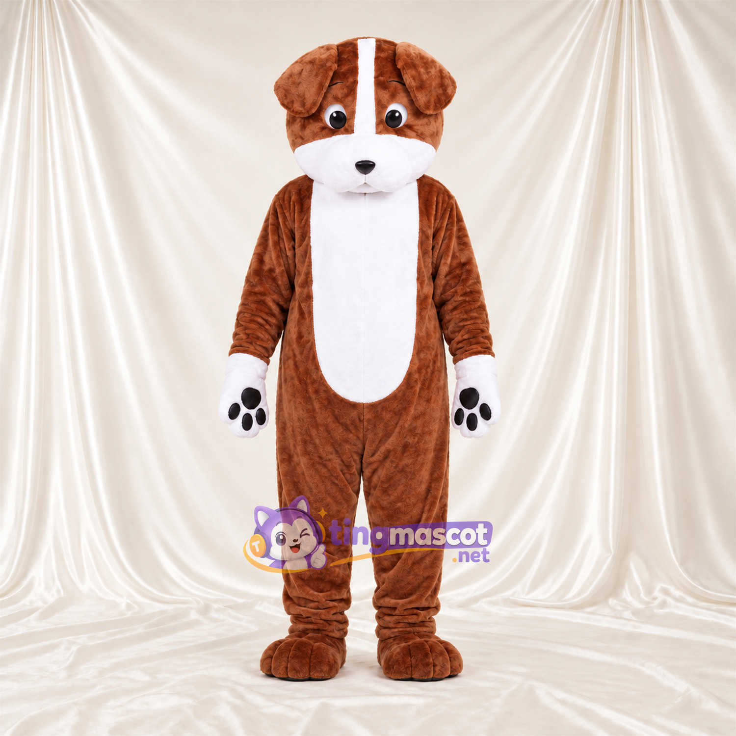 Maskottchenkostüm Hund – braun / weiß – Bauch (weiß); Pfotenballen (schwarz) Maskottchenkostüm Hund – braun / weiß – Bauch (weiß); Pfotenballen (schwarz)
