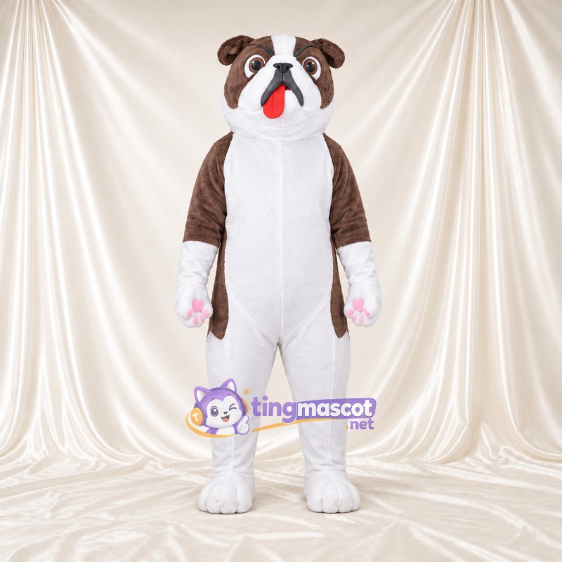 Costume de mascotte Bouledogue – marron / blanc – Coussinets (rose); Langue (rouge) Costume de mascotte Bouledogue – marron / blanc – Coussinets (rose); Langue (rouge)