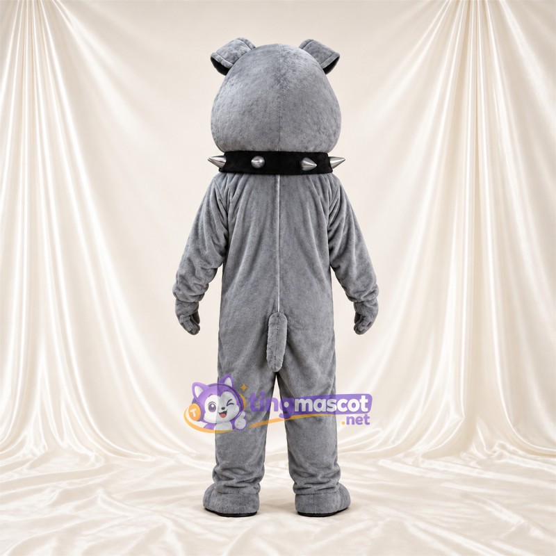 Costume de mascotte Bouledogue – gris – Museau (blanc); Collier à pointes Costume de mascotte Bouledogue – gris – Museau (blanc); Collier à pointes