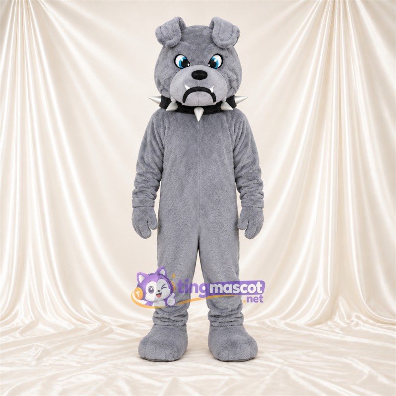 Costume de mascotte Bouledogue – gris – Yeux (bleu); Collier à pointes Costume de mascotte Bouledogue – gris – Yeux (bleu); Collier à pointes