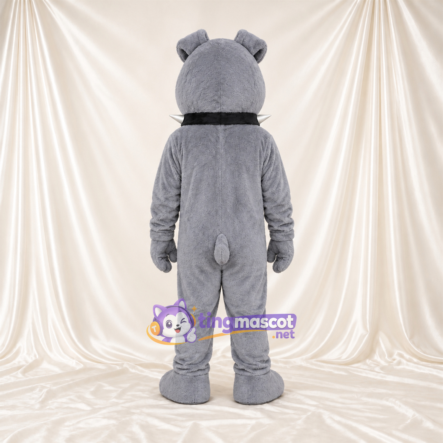 Costume de mascotte Bouledogue – gris – Yeux (bleu); Collier à pointes Costume de mascotte Bouledogue – gris – Yeux (bleu); Collier à pointes
