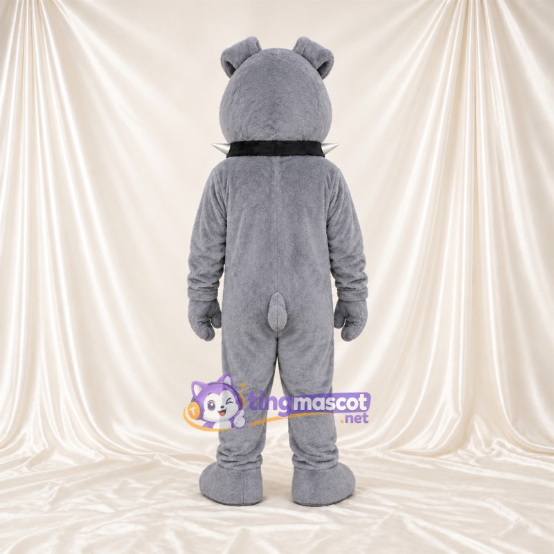 Costume de mascotte Bouledogue – gris – Yeux (bleu); Collier à pointes Costume de mascotte Bouledogue – gris – Yeux (bleu); Collier à pointes