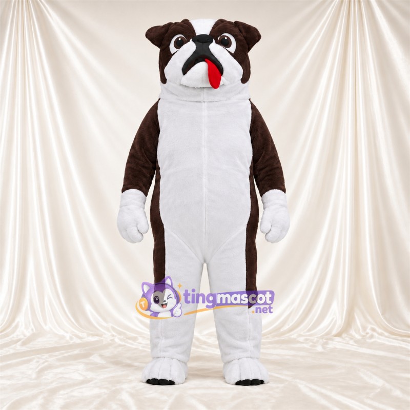 Costume de mascotte Bouledogue – marron / blanc – Langue (rouge); Bas des jambes (blanc) Costume de mascotte Bouledogue – marron / blanc – Langue (rouge); Bas des jambes (blanc)
