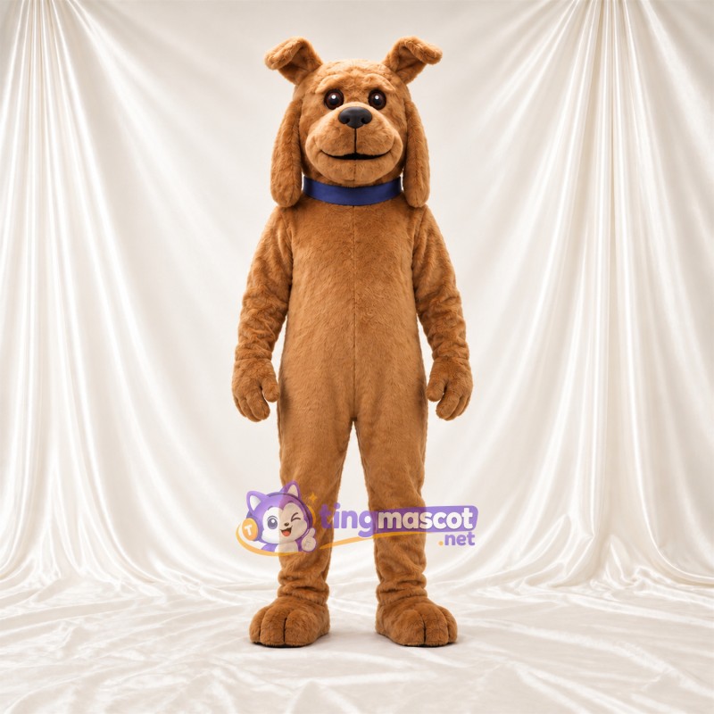 Costume de mascotte Bouledogue – brun clair – Col (bleu); Oreilles Costume de mascotte Bouledogue – brun clair – Col (bleu); Oreilles