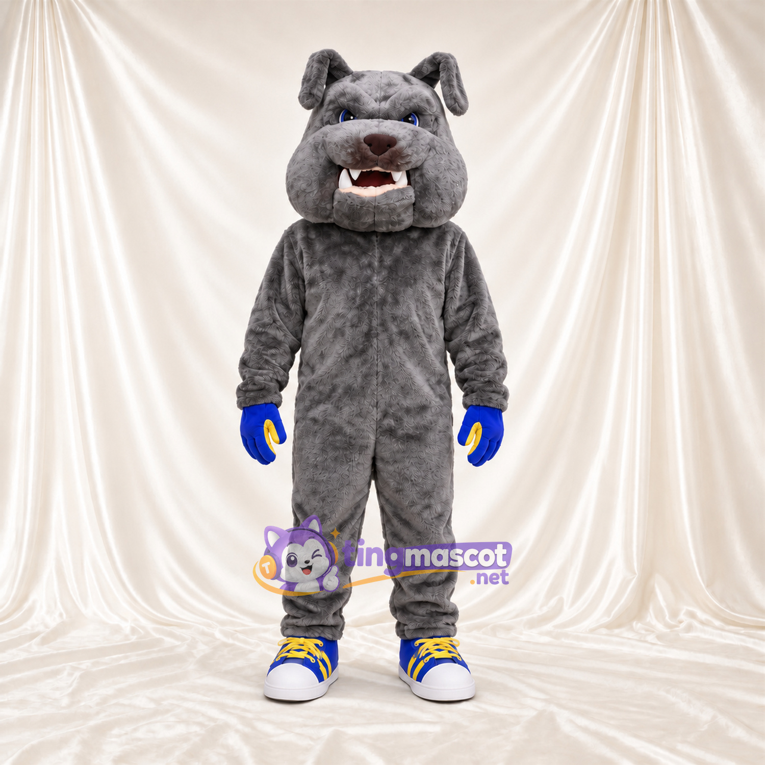 Costume de mascotte Bouledogue – gris – Gants (bleu / jaune); Baskets Costume de mascotte Bouledogue – gris – Gants (bleu / jaune); Baskets