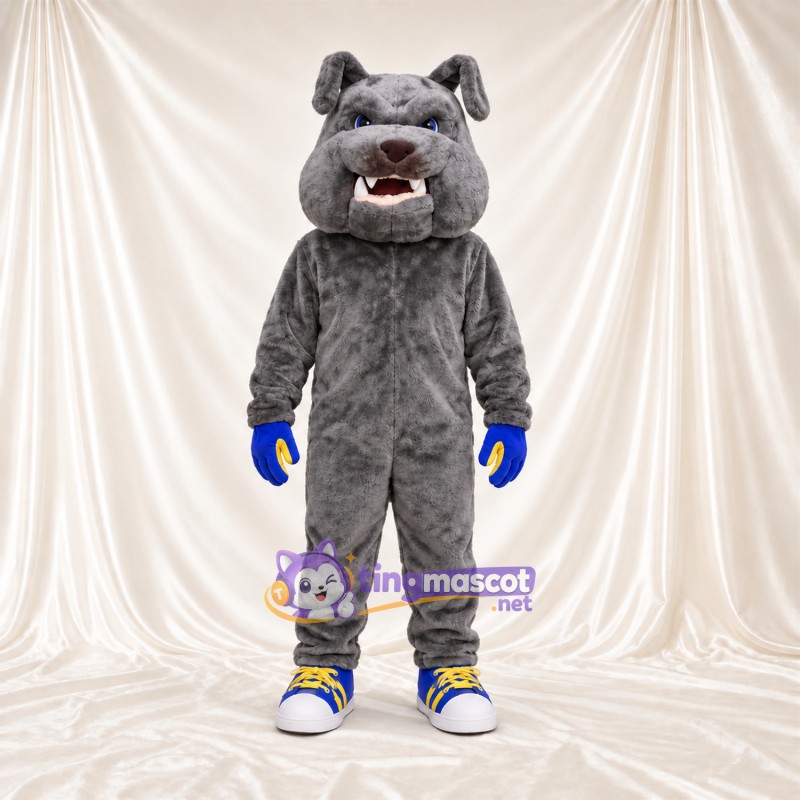 Costume de mascotte Bouledogue – gris – Gants (bleu / jaune); Baskets Costume de mascotte Bouledogue – gris – Gants (bleu / jaune); Baskets