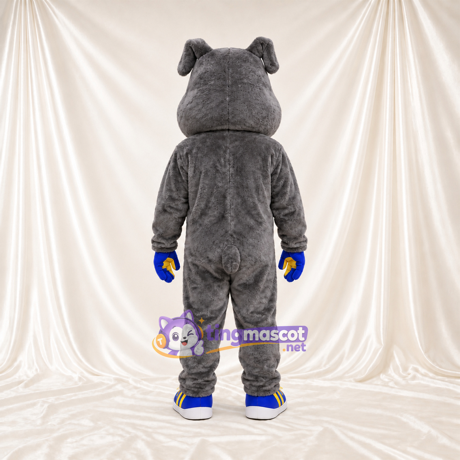 Costume de mascotte Bouledogue – gris – Gants (bleu / jaune); Baskets Costume de mascotte Bouledogue – gris – Gants (bleu / jaune); Baskets