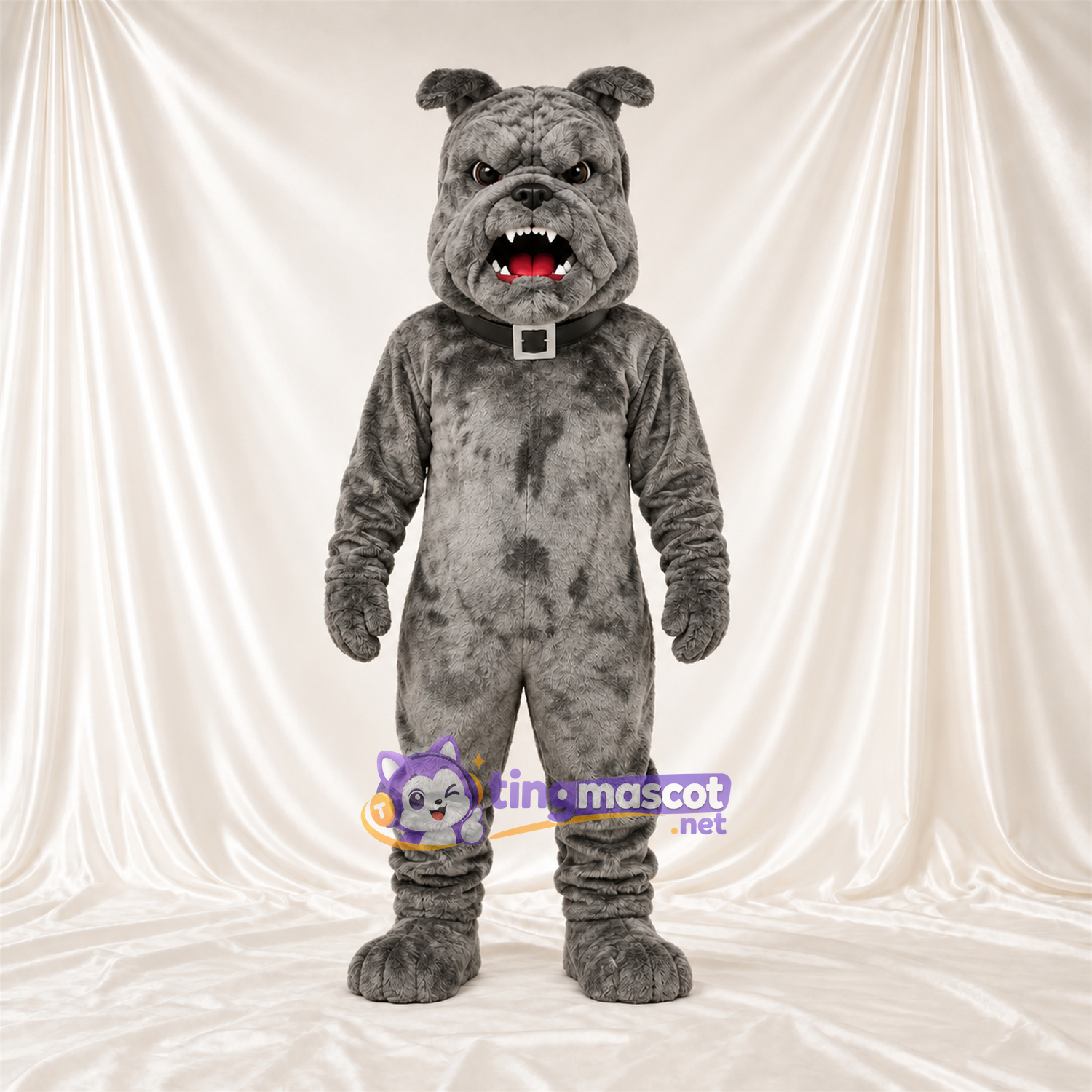 Costume de mascotte Bouledogue – gris – Crocs pointus; Col Costume de mascotte Bouledogue – gris – Crocs pointus; Col