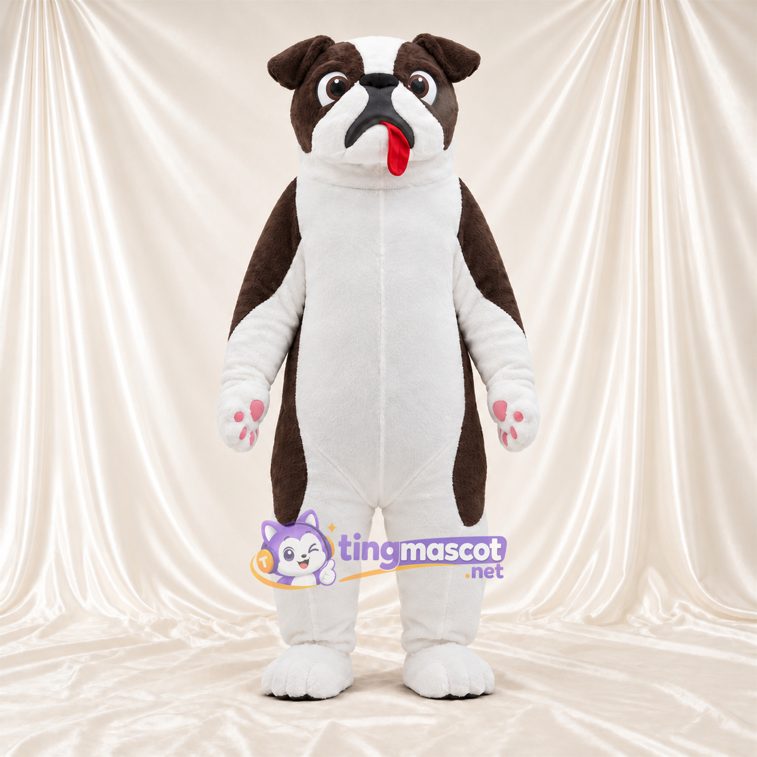 Costume de mascotte Bouledogue – marron / blanc – Coussinets (rose); Bas des jambes (blanc) Costume de mascotte Bouledogue – marron / blanc – Coussinets (rose); Bas des jambes (blanc)
