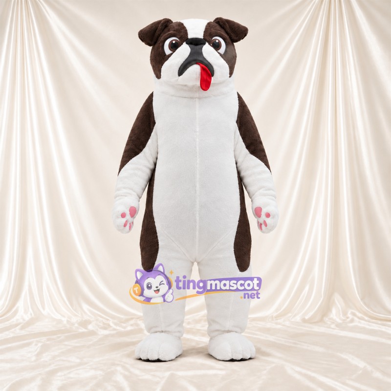 Costume de mascotte Bouledogue – marron / blanc – Coussinets (rose); Bas des jambes (blanc) Costume de mascotte Bouledogue – marron / blanc – Coussinets (rose); Bas des jambes (blanc)