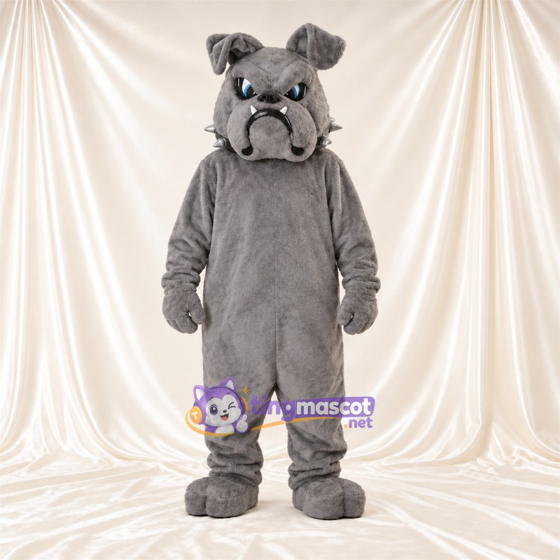 Costume de mascotte Bouledogue – gris – Yeux (bleu); Collier à pointes Costume de mascotte Bouledogue – gris – Yeux (bleu); Collier à pointes